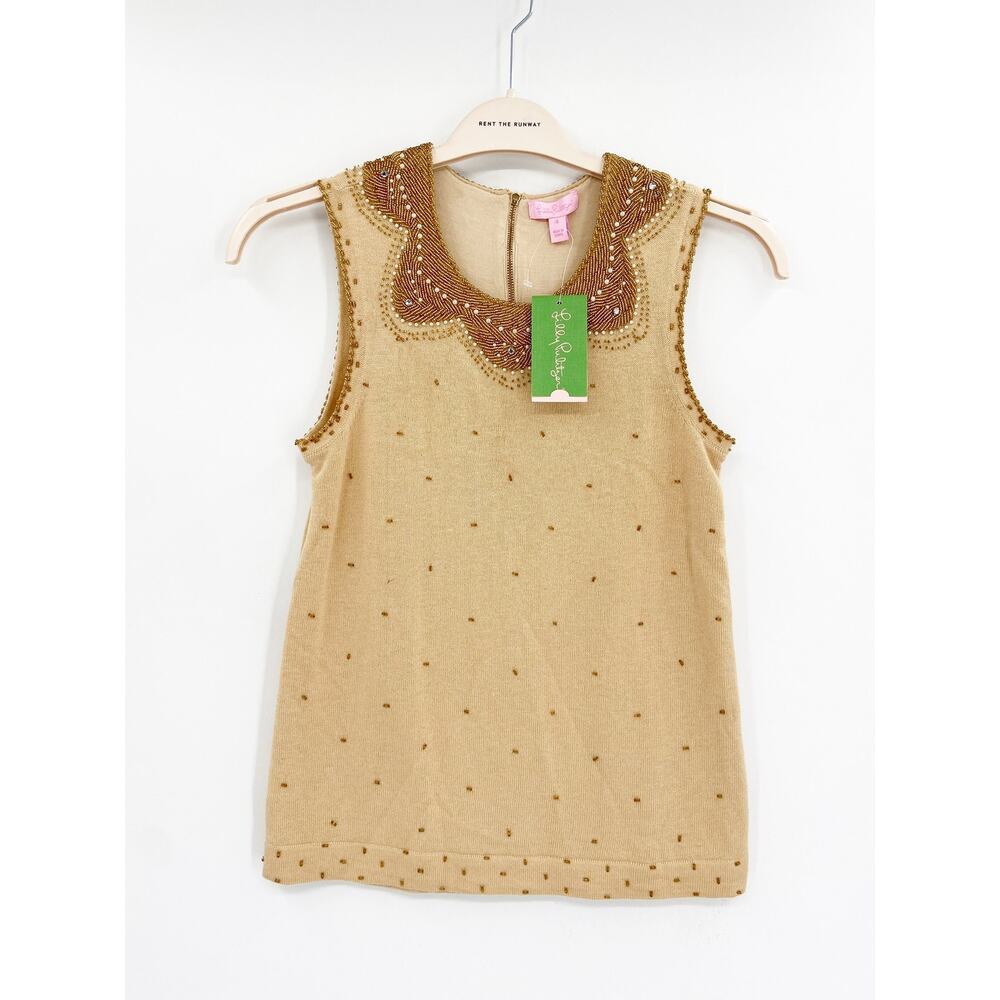 Lilly Pulitzer Almond Tan Kate Gold Beaded Sleeveless Wool Blend Knitâ Sweater S
